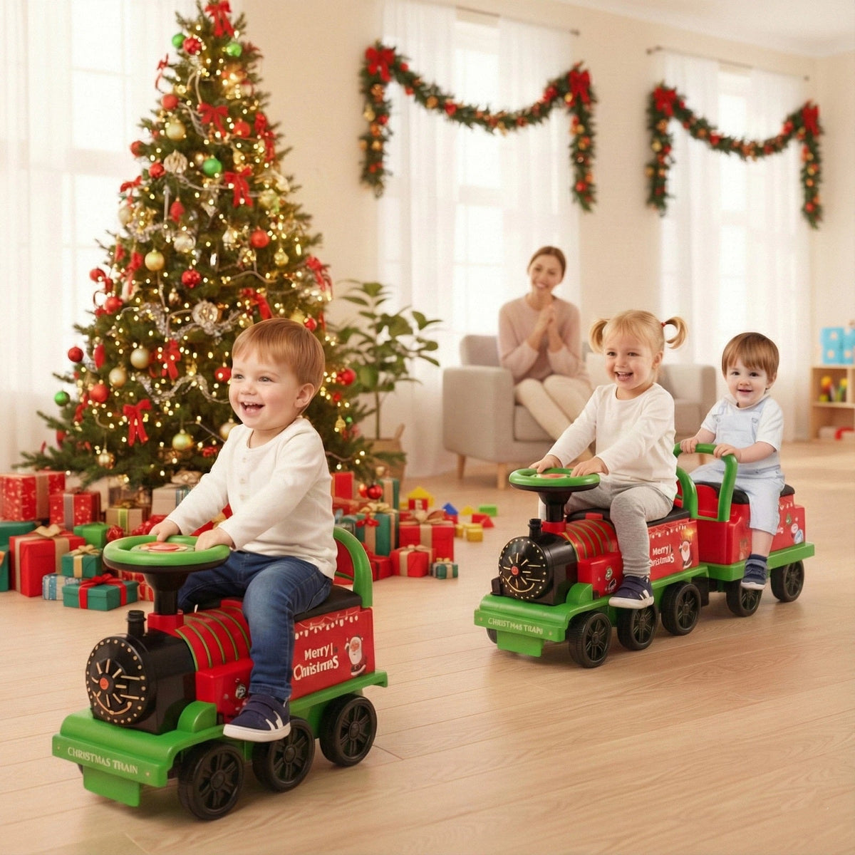 6V Toddler Ride On Train Combo: Track Ride & 2-Seater Carriage Set