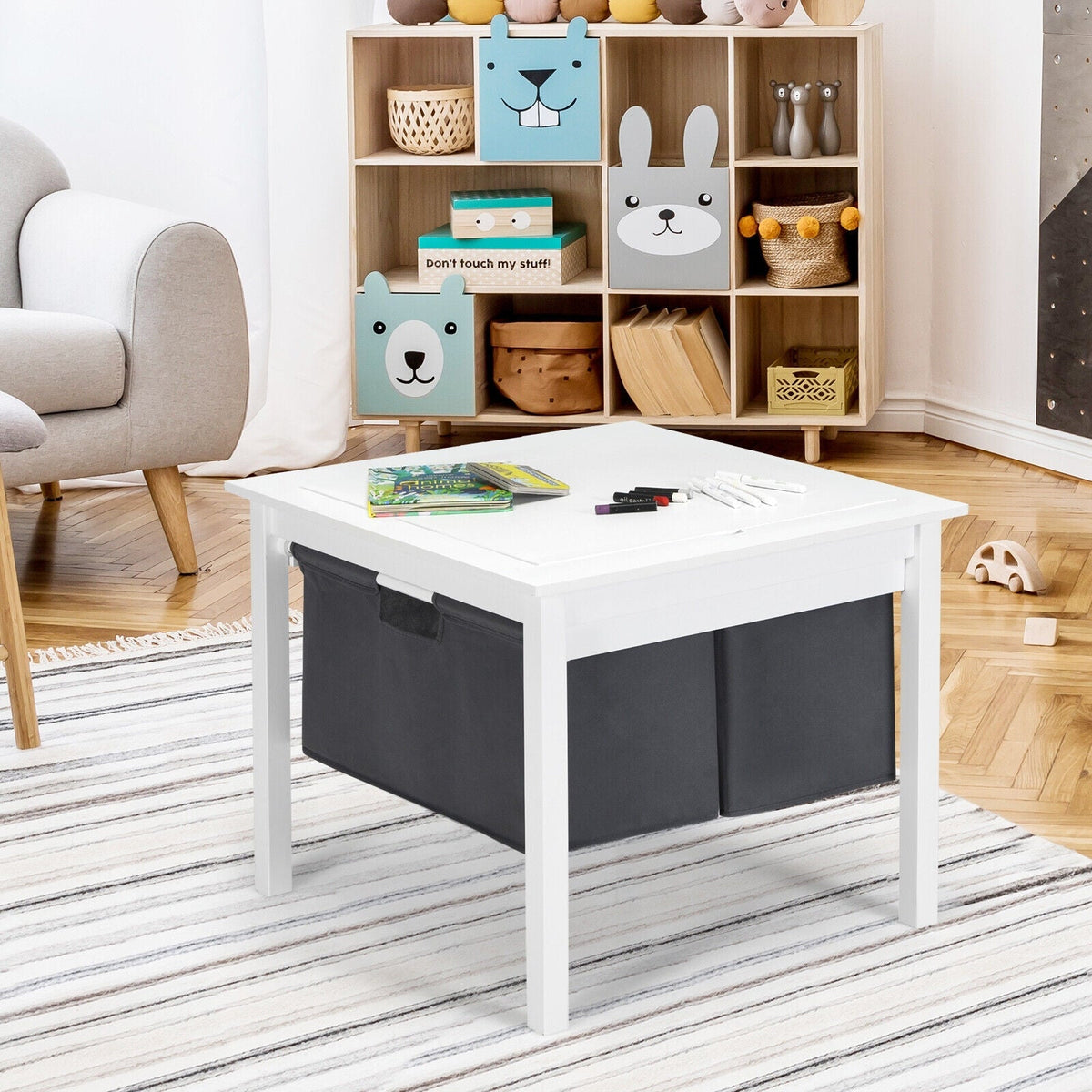 2-in-1 Kids Double-sided Activity Building Block Table with Drawers-White GBruno Store