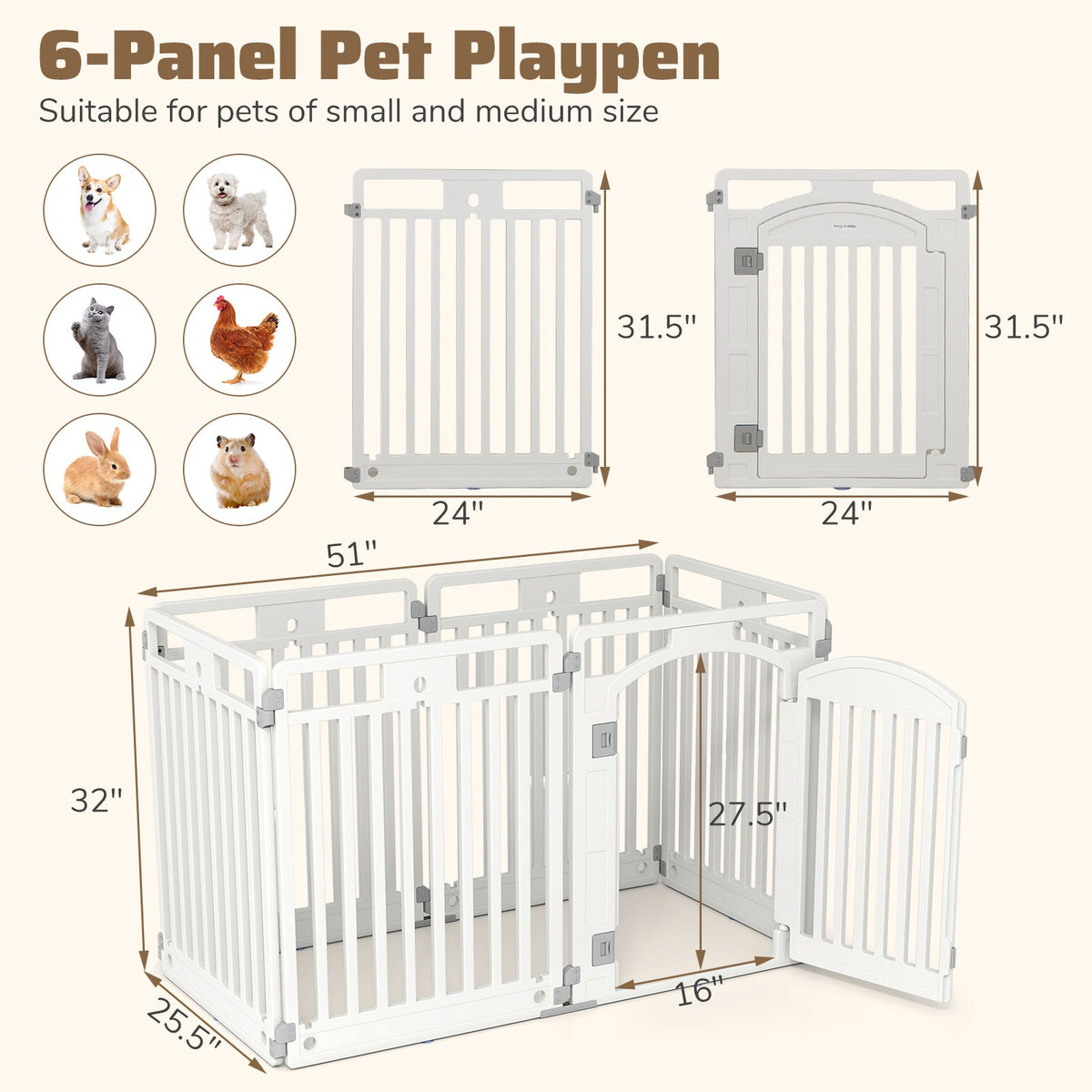 6-Panel Tall Dog Playpen Foldable Pet Fence with Locking Door-White