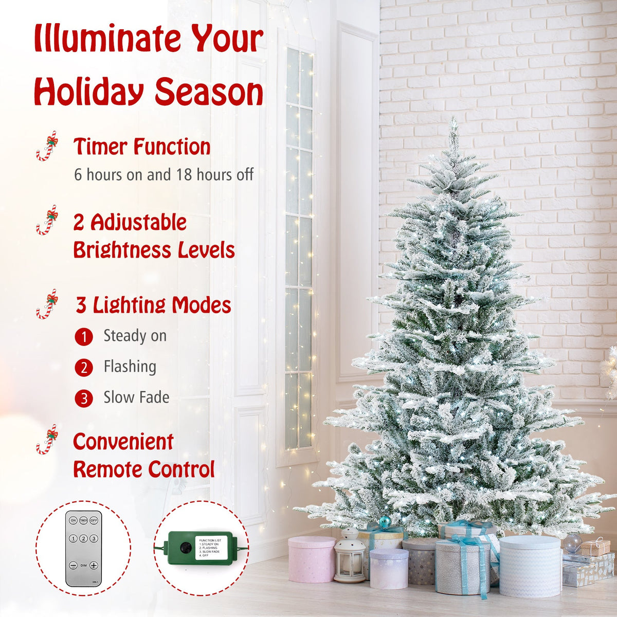 6 Feet Snow Flocked Artificial Christmas Tree with Cool White LED Lights
