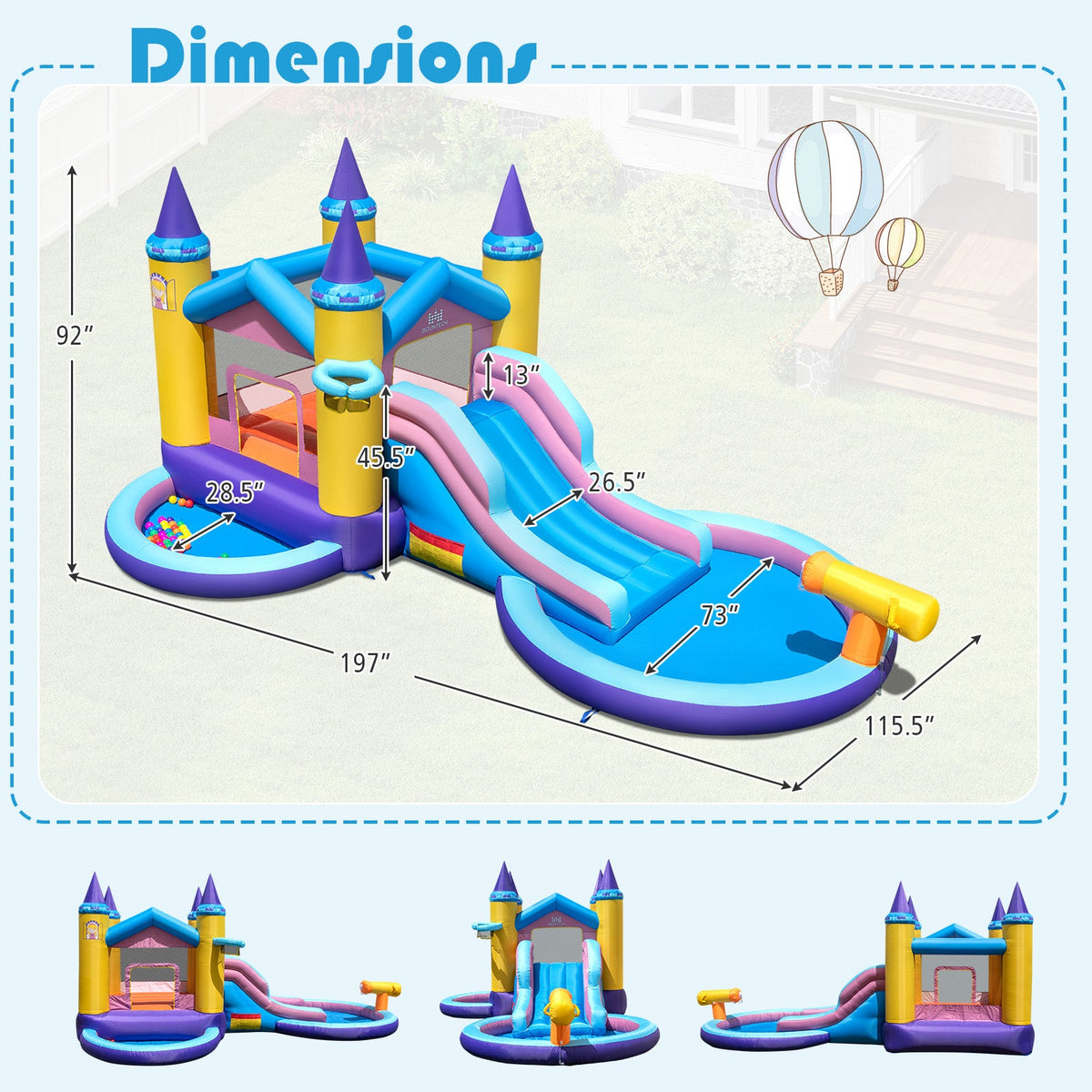 6-in-1 Inflatable Kids Water Park with 735W Blower