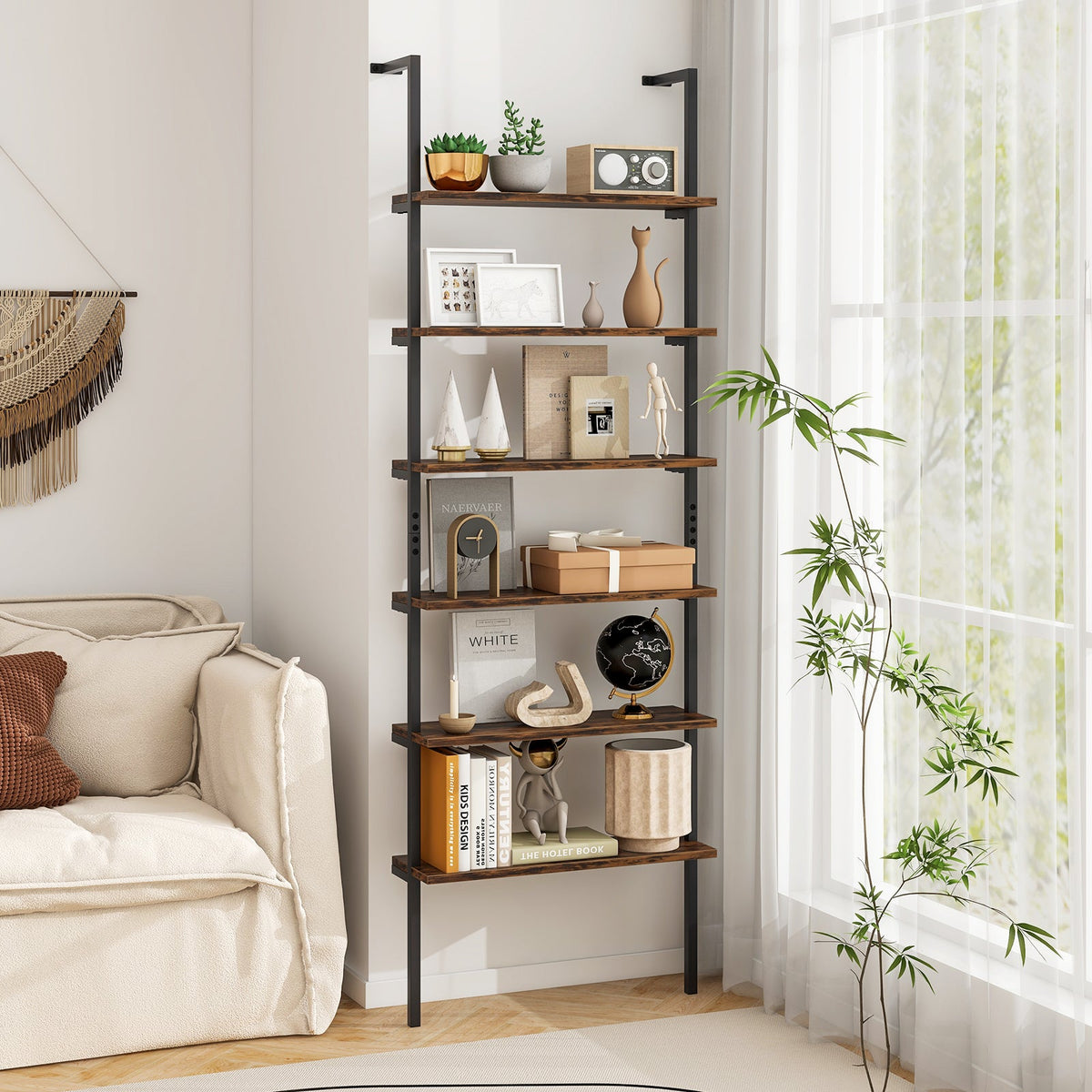 6-tier Ladder Shelf 72 Inches Industrial Wall Mounted Bookshelf