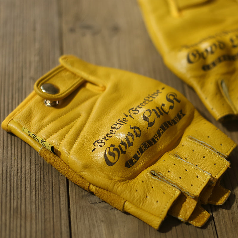 Yellow Cowhide Half Finger Motorcycle Gloves