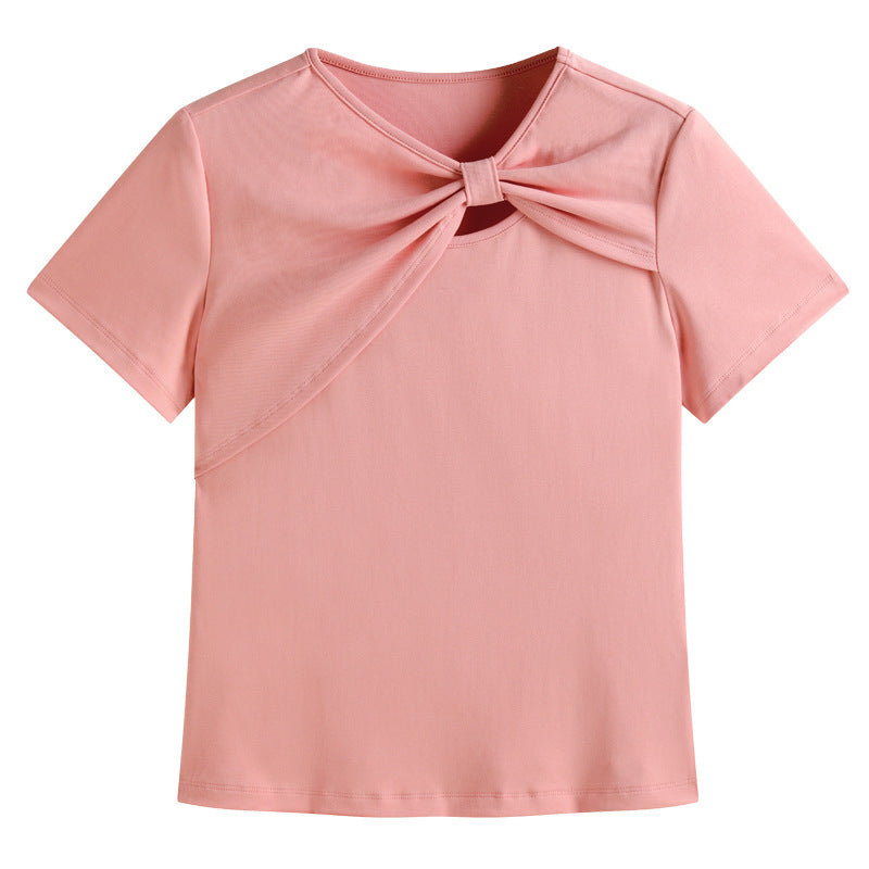 Female Solid Color Hollow Shoulder Short Sleeved Shirt