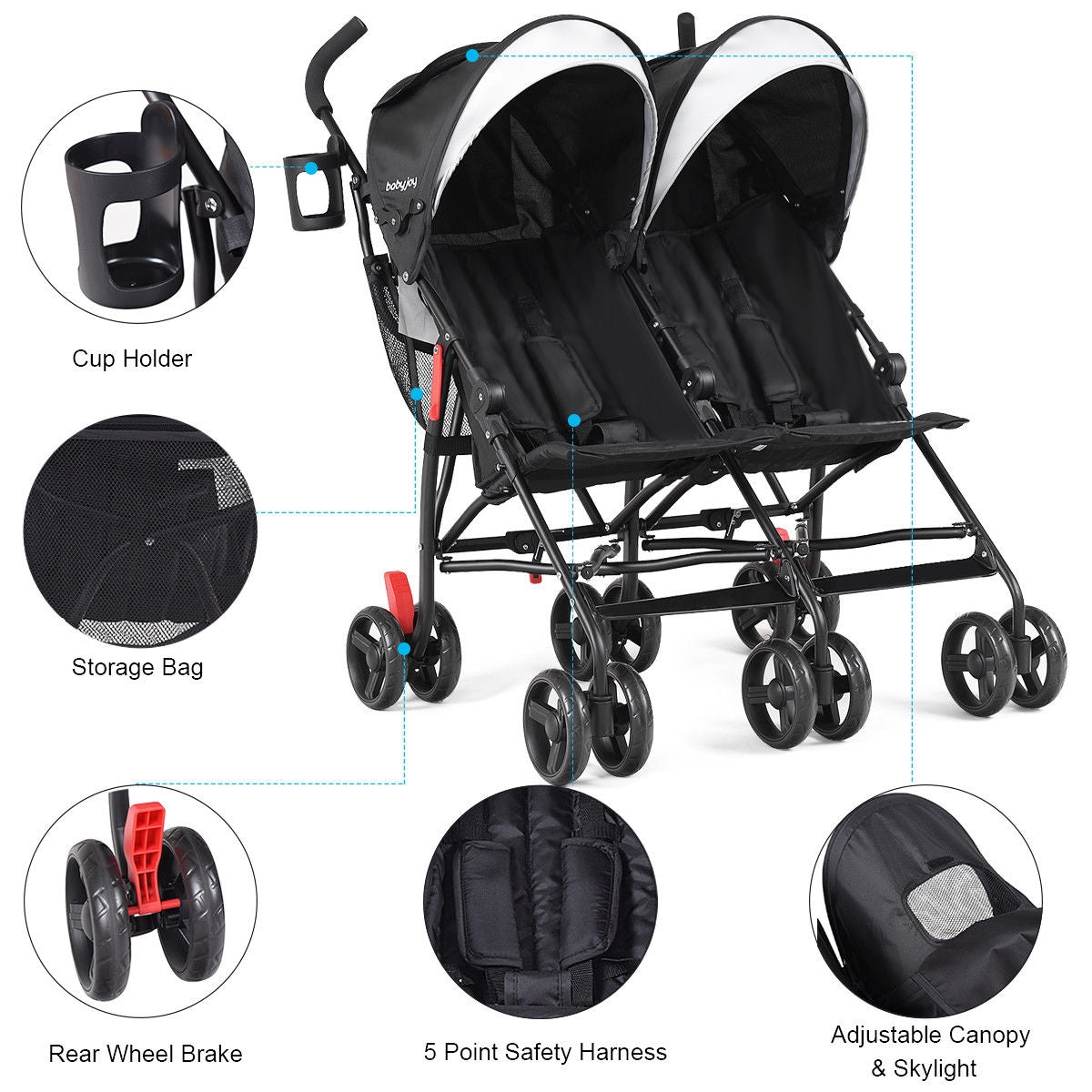 Foldable Twin Baby Double Stroller Ultralight Umbrella Kids Stroller-Black GBruno Store