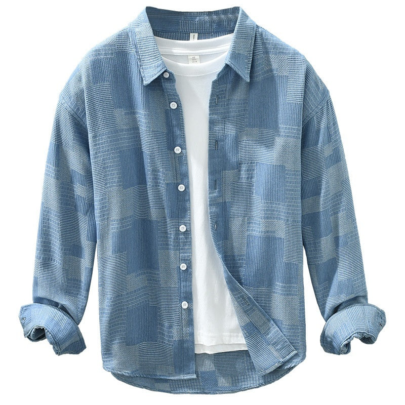 Jacquard Color Block Denim Long Sleeve Shirt
