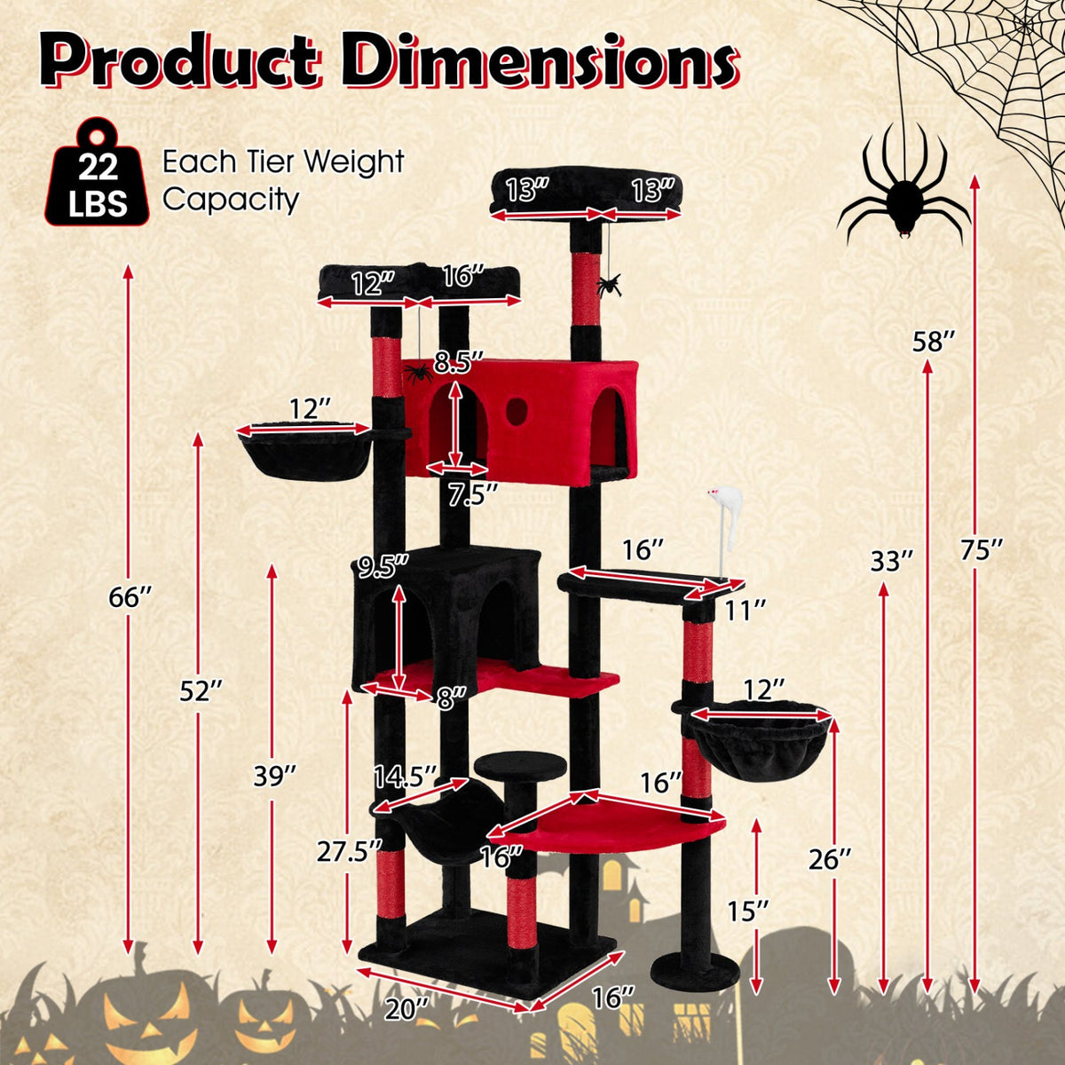 Gothic Cat Tree 75 Inch with Dual Perches and Houses DirectDeals