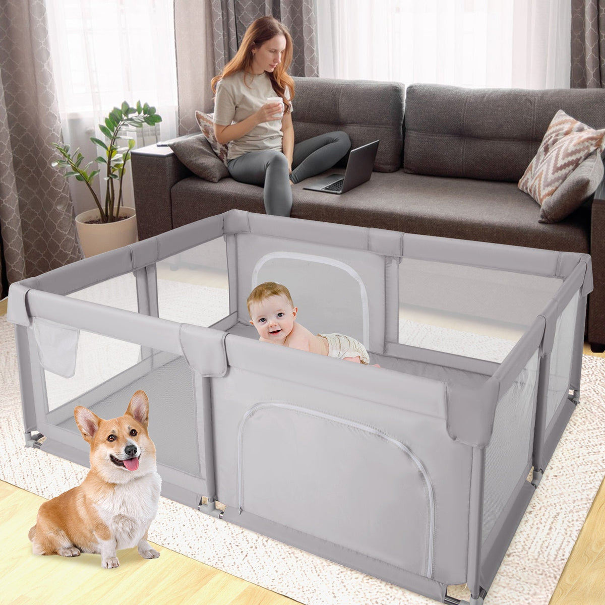 75 x 59 Inch Large Baby Playpen with Breathable Mesh and Zipper Doors-Gray