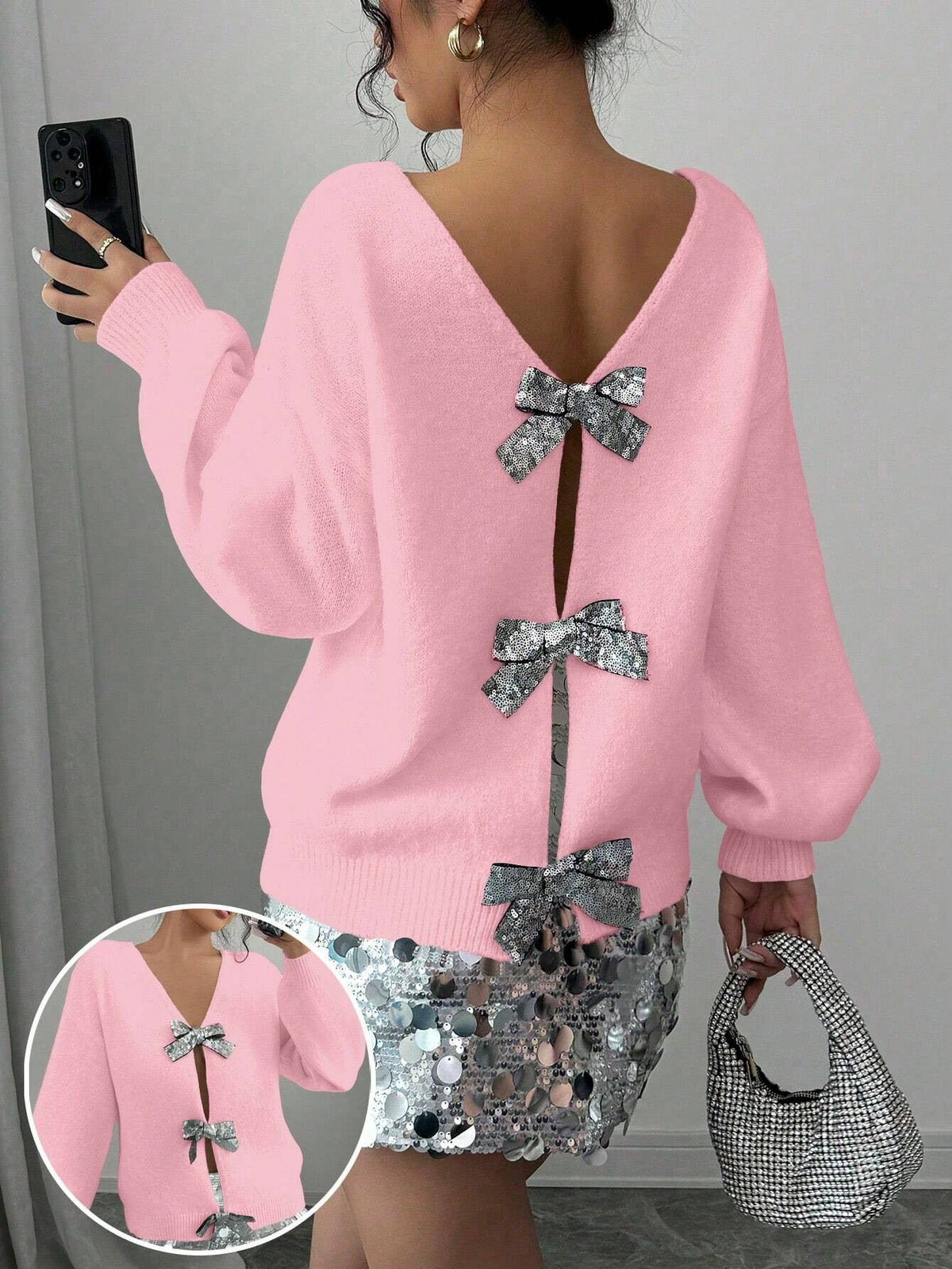Fashionable Loose Knitted Sweater With Sequin Bow Accent