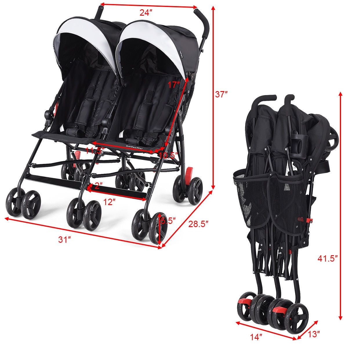 Foldable Twin Baby Double Stroller Ultralight Umbrella Kids Stroller-Black GBruno Store