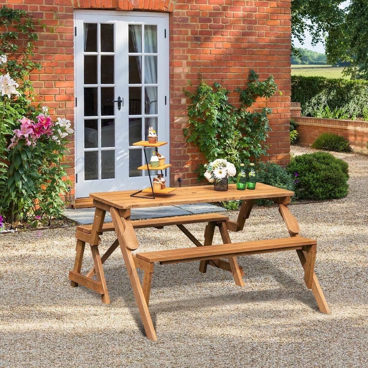 2-in-1 Transforming Interchangeable Wooden Picnic Table Bench with Umbrella Hole-Dark Brown