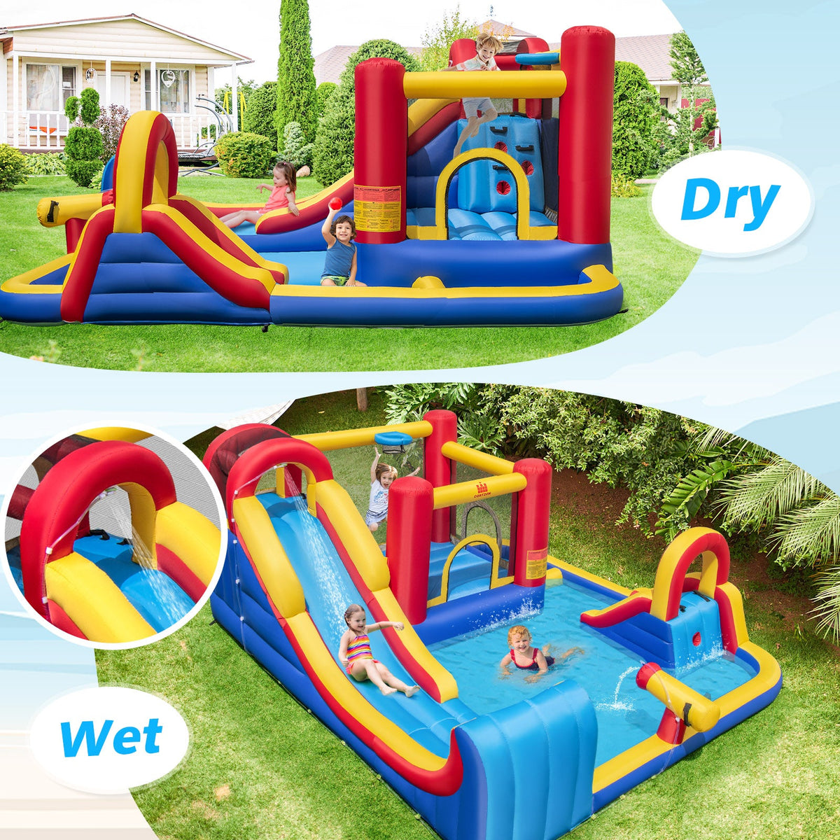 7 in 1 Outdoor Inflatable Bounce House with Water Slides and Splash Pools with 680W Blower