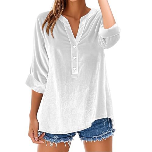Womens Long-sleeve Solid-color V-neck Loose-fit Blouse