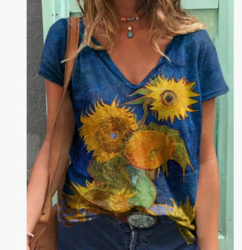 Womens Casual Loose-Fit Printed Pullover T-Shirt Top
