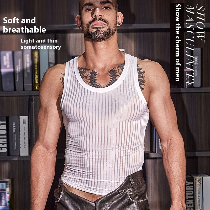 New Men's Cross-strap Striped Thin Transparent Elastic Vest