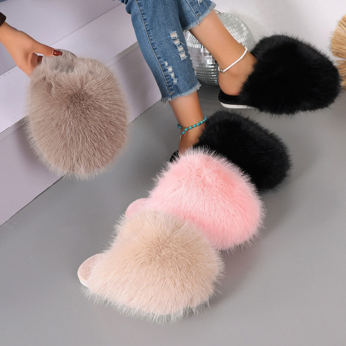 Large Size Solid Color Fluffy Soft Bottom Winter Baotou Home Warm Multi-color Cotton Slippers
