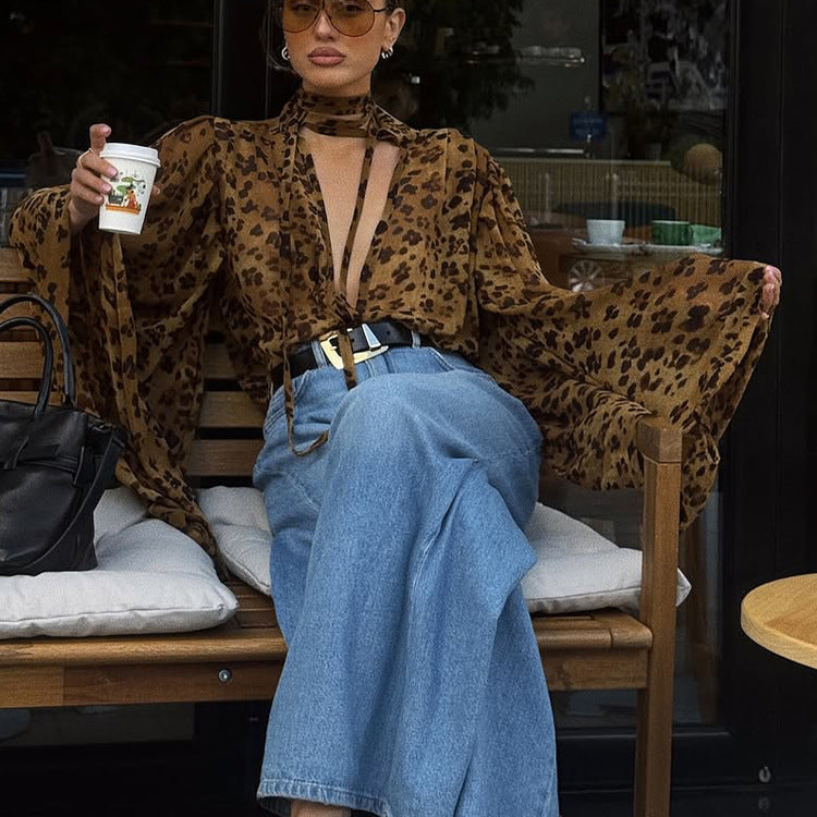 Leopard-print Hollow-out Small Stand-up Collar Long-sleeve Shirt