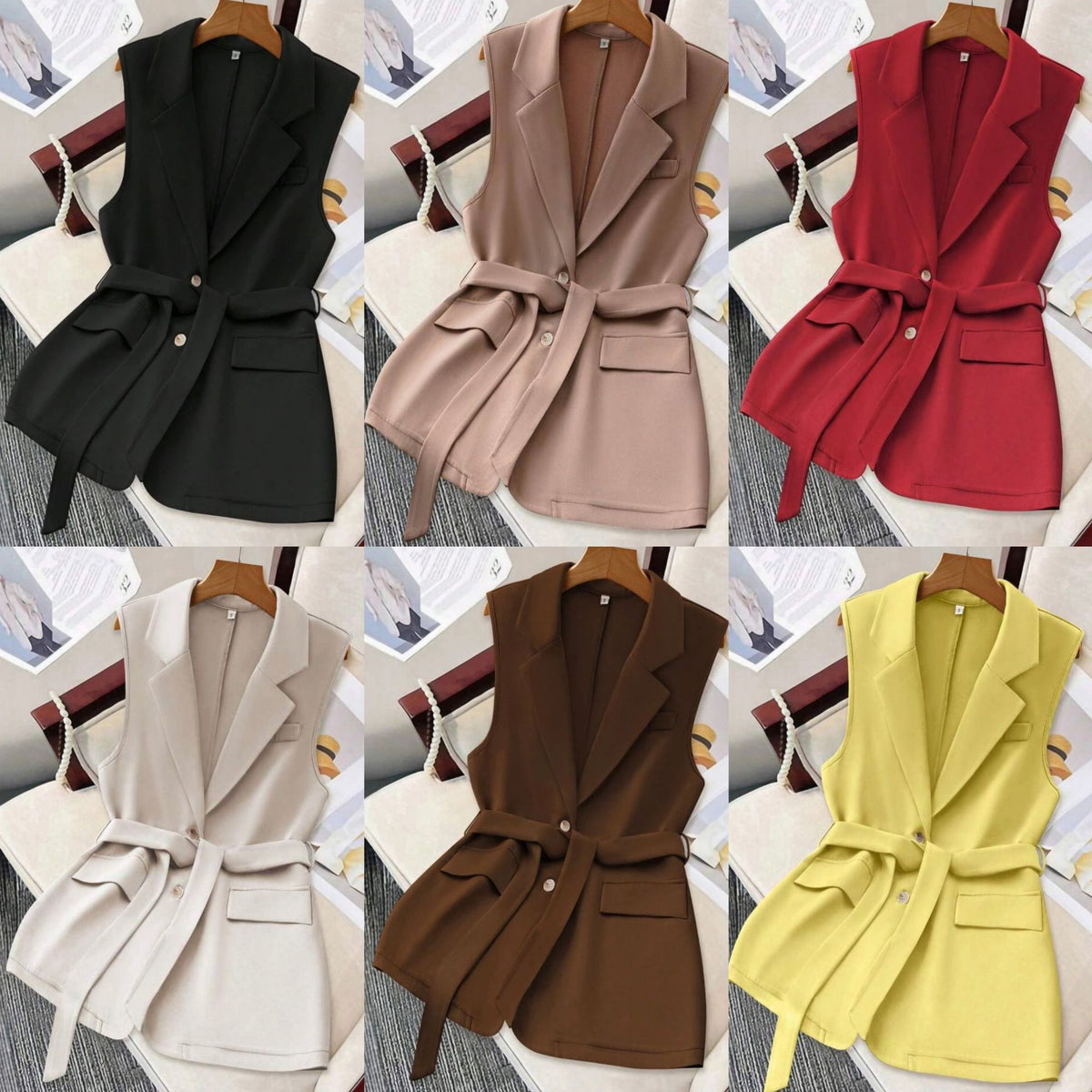 Womens Solid-Color Blazer-Style Loose-Fit Vest With Ties