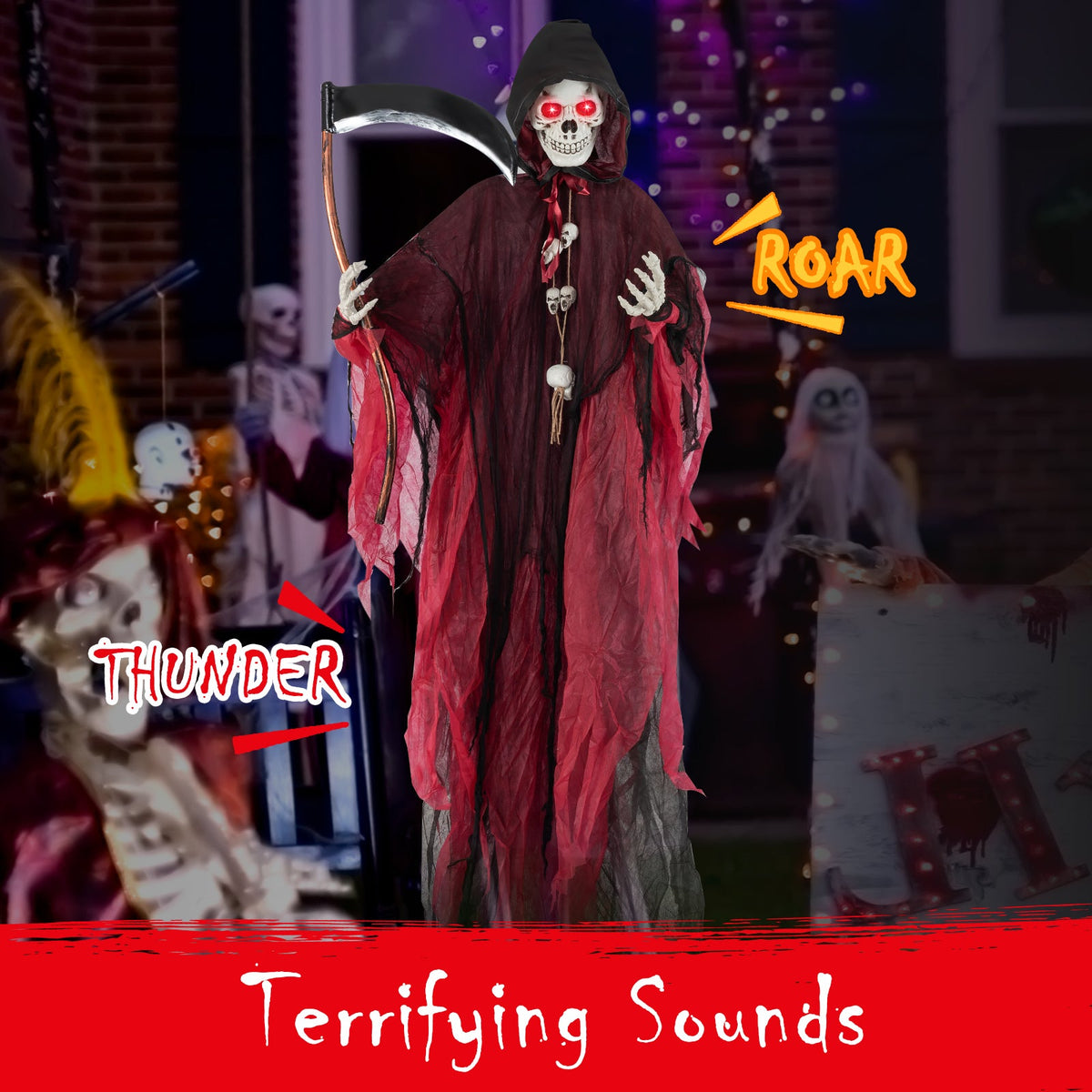 8 Feet Halloween Standing Grim Reaper with Terrifying Sounds and Lighted Eyes