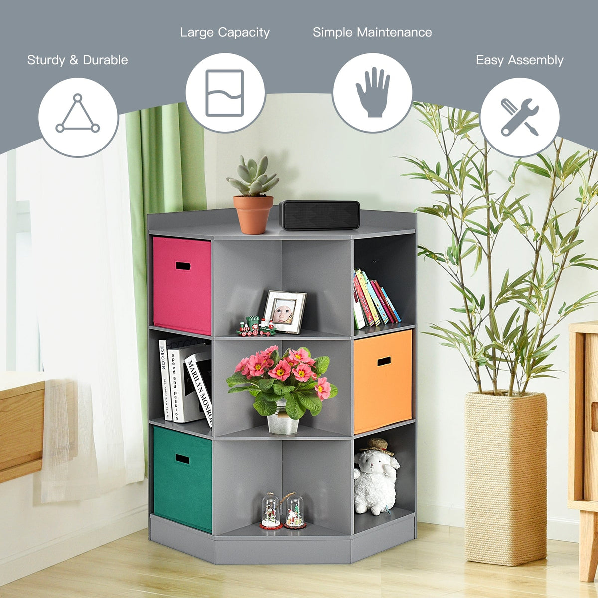 3-Tier Kids Storage Shelf Corner Cabinet with 3 Baskets-Gray GBruno Store