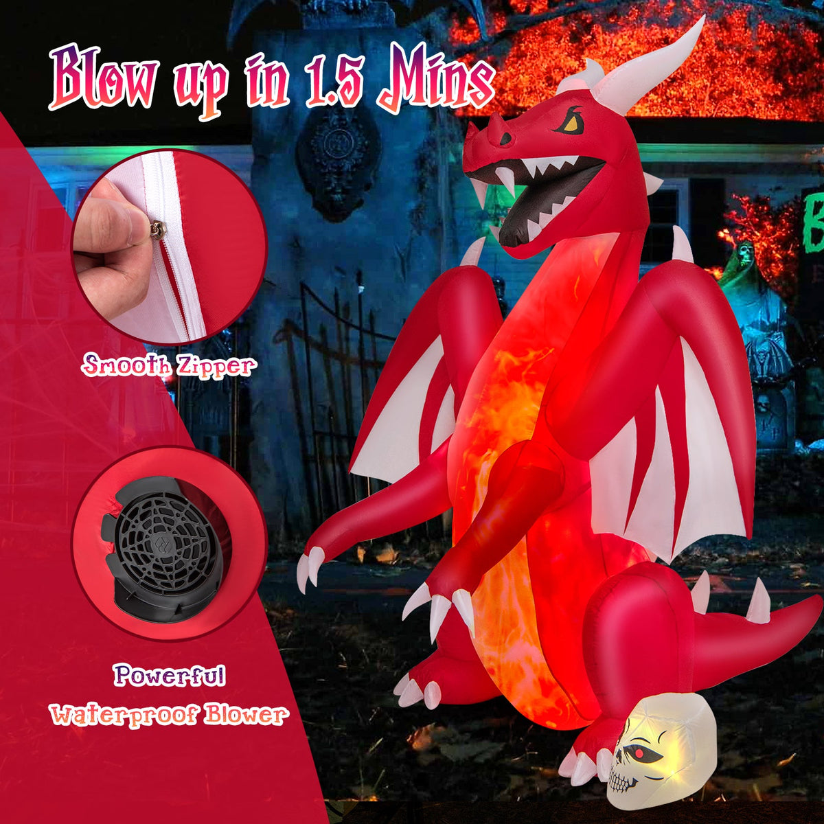 8 Feet Halloween Inflatables Blow-up Red Dragon with Wings Skull
