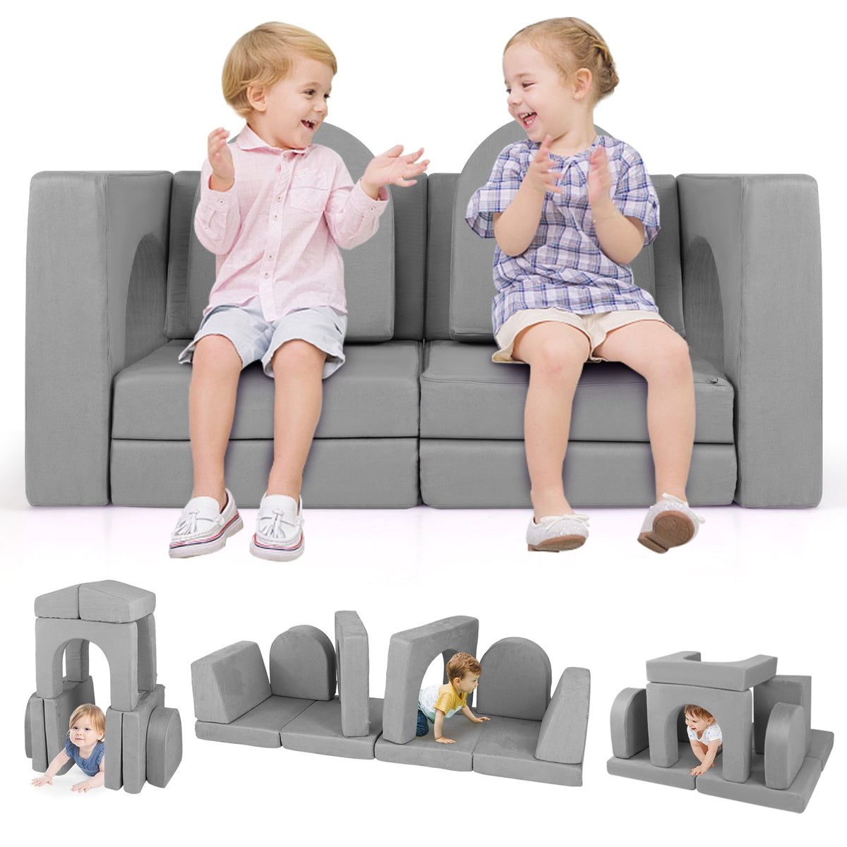 8-Piece Modular Kids Play Couch with Comfy Suede Fabric