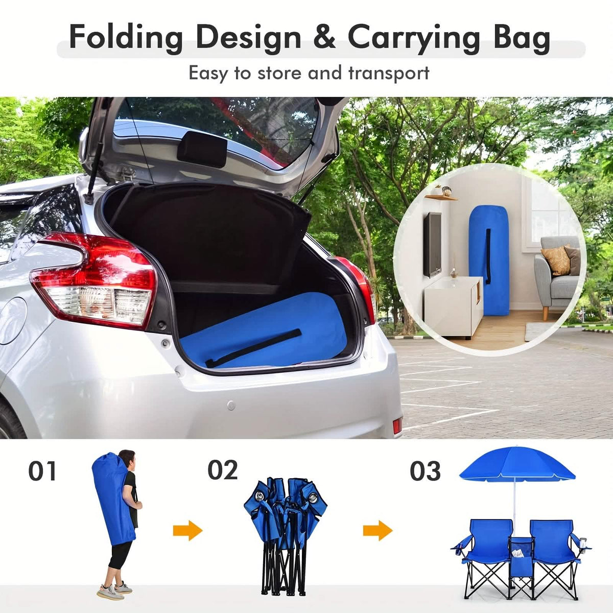 Folding Double Camping Chair with Umbrella (Blue)