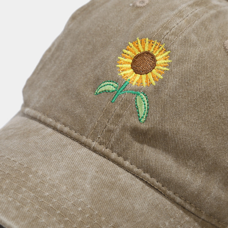 Washed-out Vintage SUNFLOWER Embroidered Peaked Cap Outdoor Travel