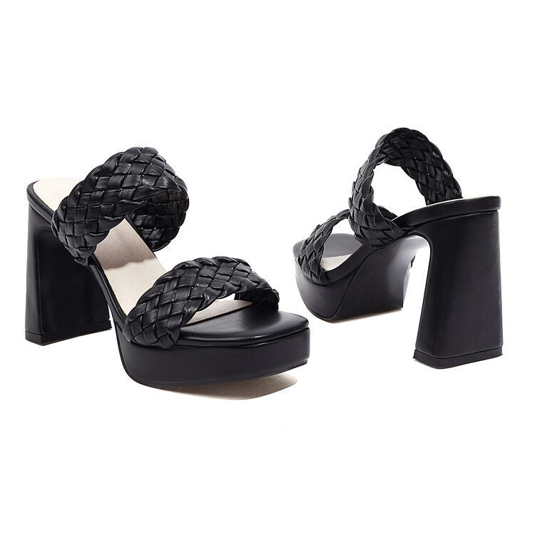 Round Toe Open Toe Side Empty Woven Foot Waterproof Platform Chunky Heel High Heel Sandals