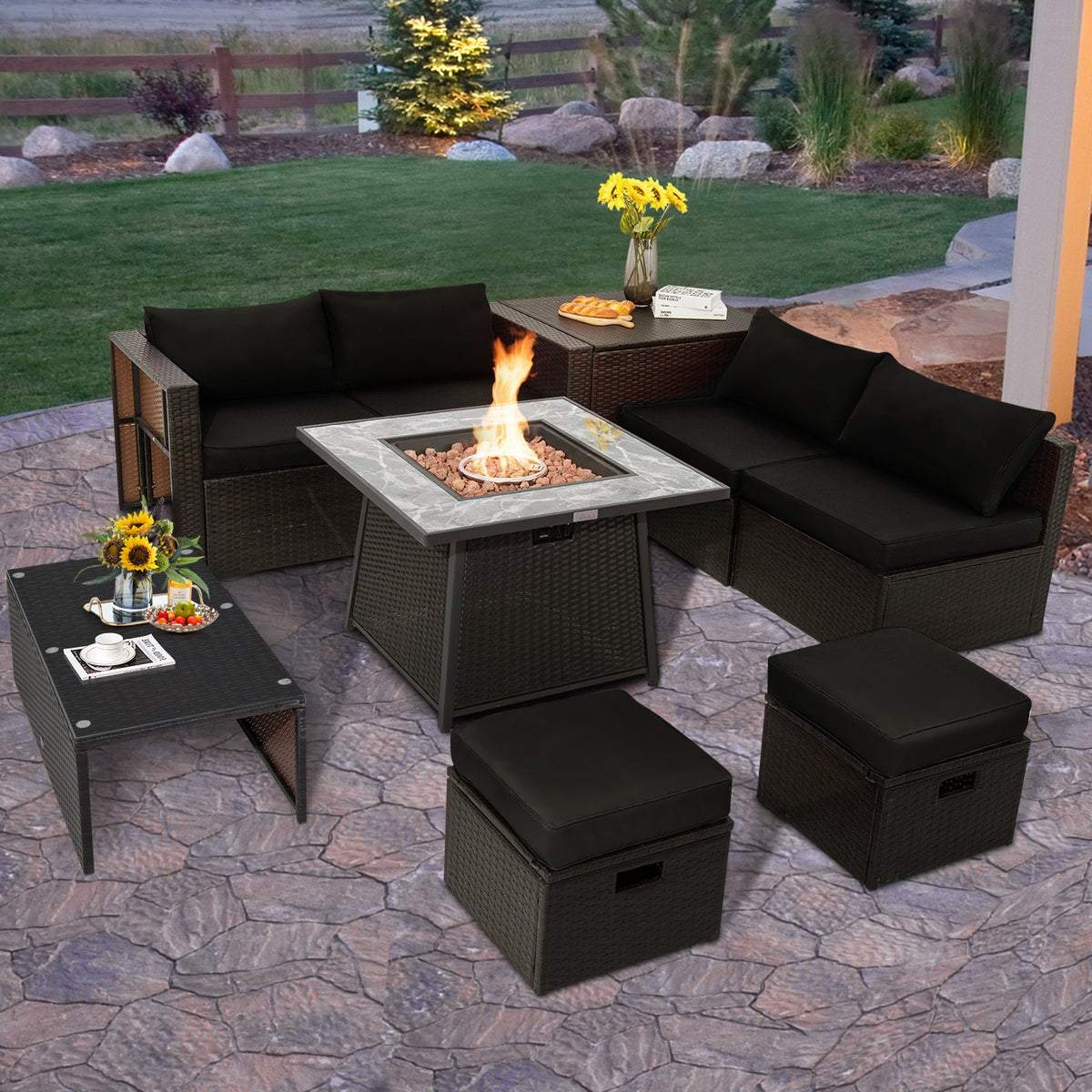 9 Pieces Patio PE Wicker Sectional Set with 50000 BTU Fire Pit Table