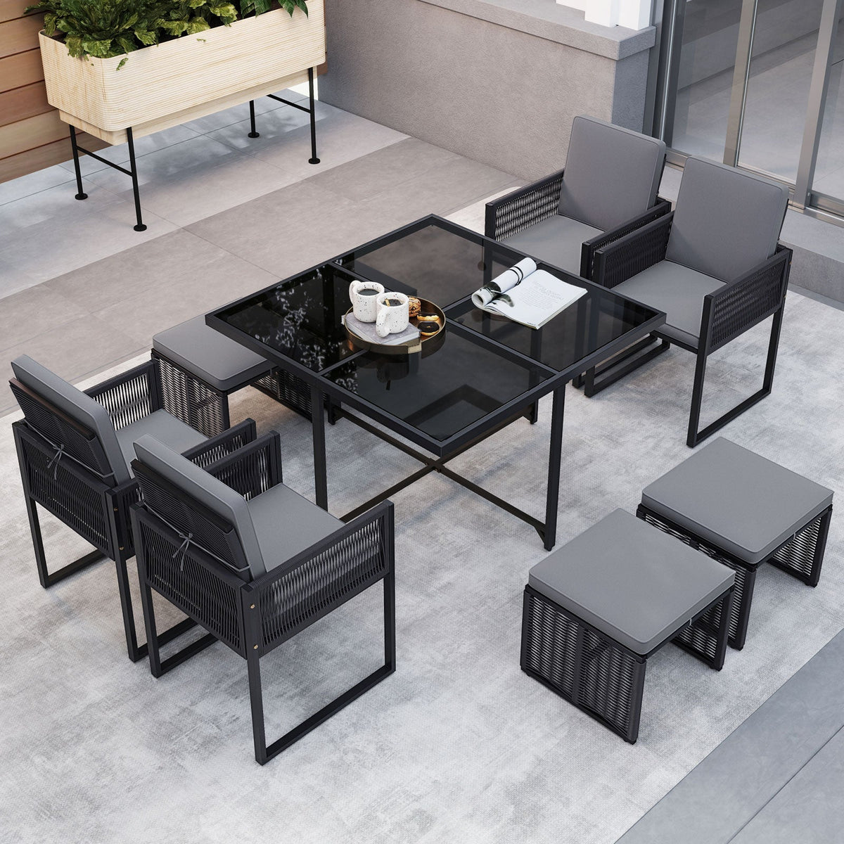 9 Pieces Patio Dining Set with Cushions for Yard Garden-Gray