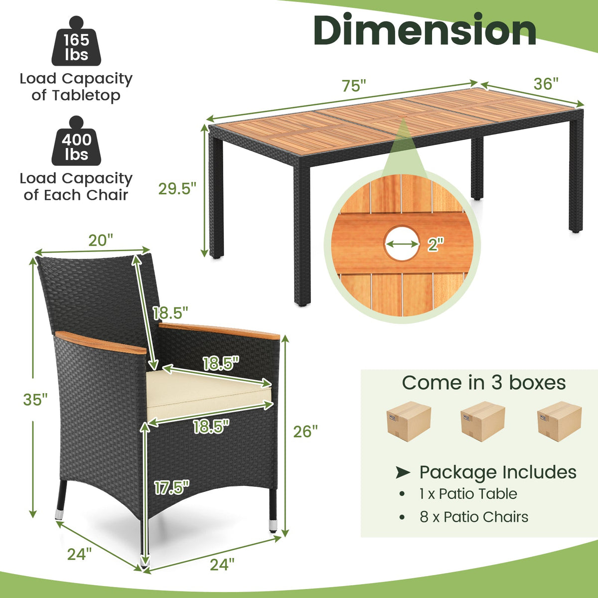 9 Pieces Outdoor Dining Set with Acacia Wood Tabletop