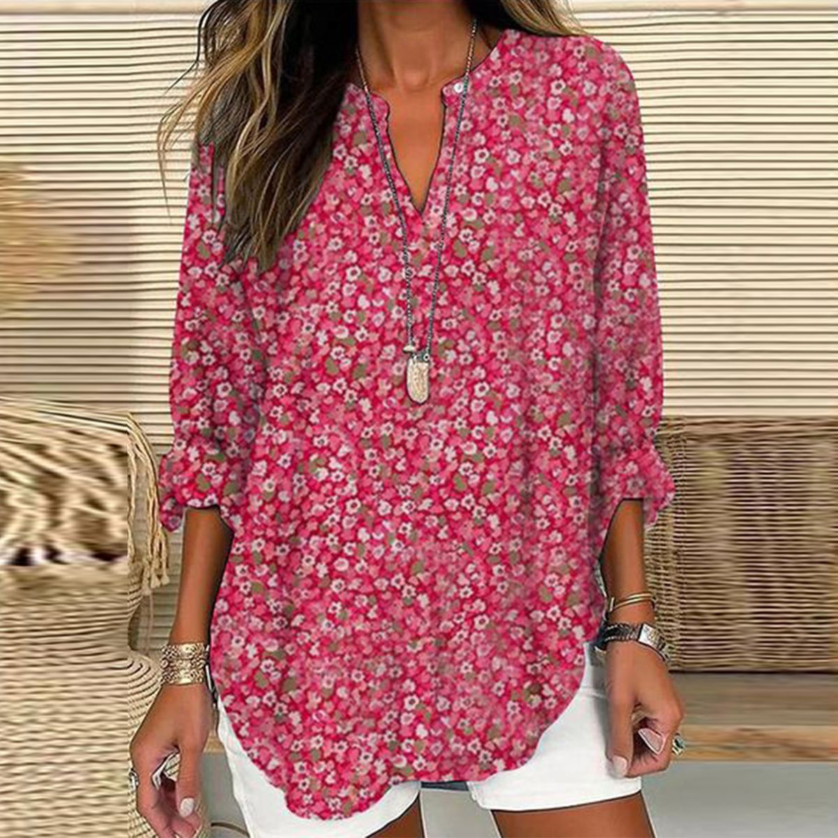 Independence Day Floral Long Sleeve V-Neck T-shirt