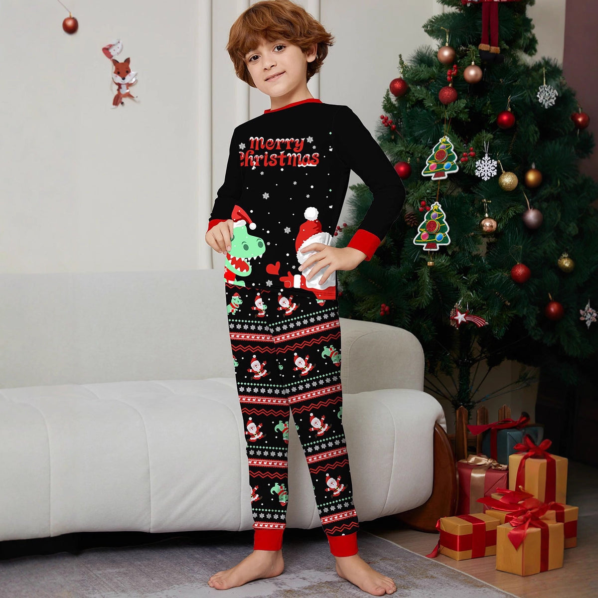 Cartoon Dinosaur Printed Black Pajamas Parent-child Suit