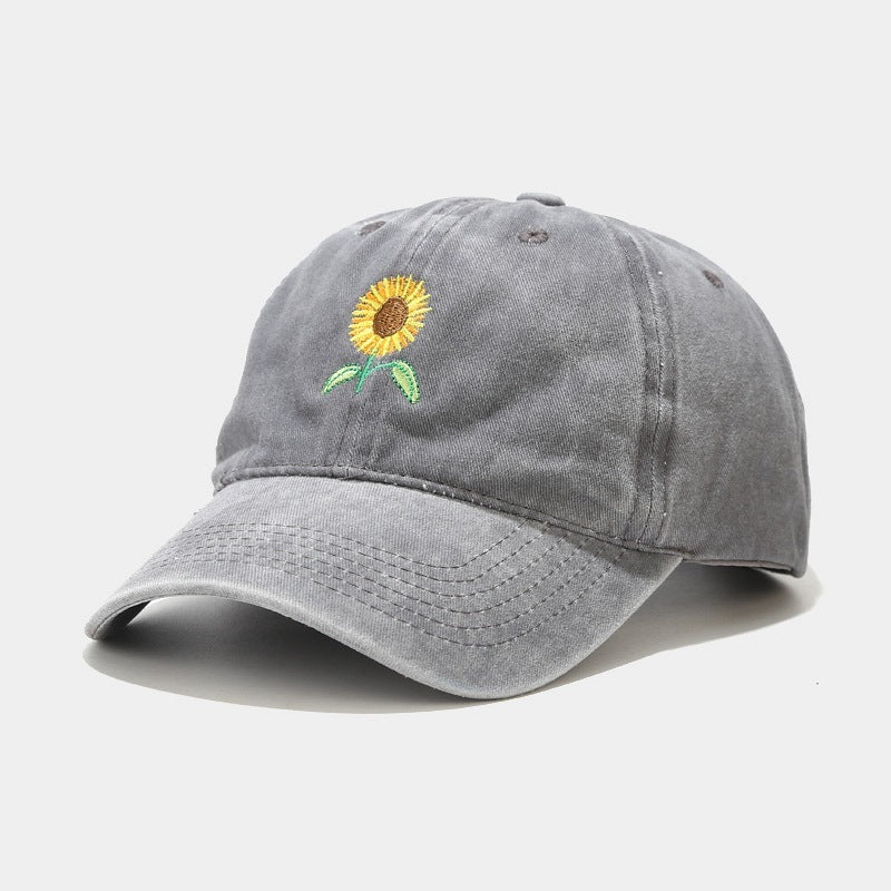 Washed-out Vintage SUNFLOWER Embroidered Peaked Cap Outdoor Travel