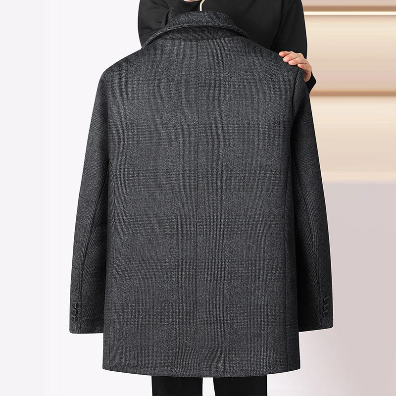 Men's Woolen Coat Mid-length Fleece Plaid Detachable Double Collar