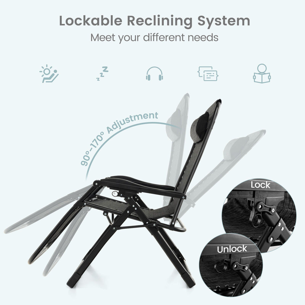 Adjustable Metal Zero Gravity Lounge Chair with Removable Cushion and Cup Holder Tray