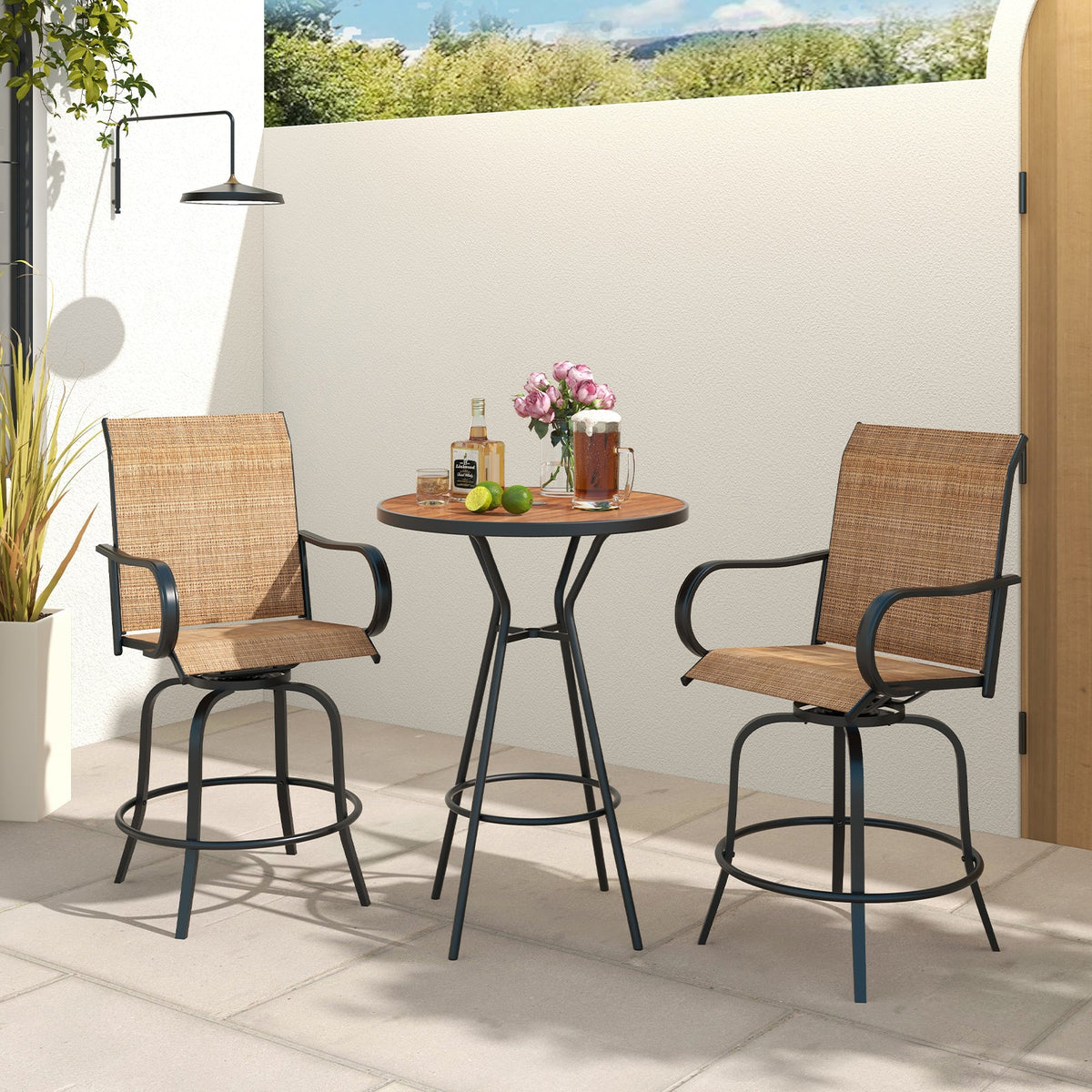 2 Pieces 360 Rotating Bar Stool Set with Armrests for Patio