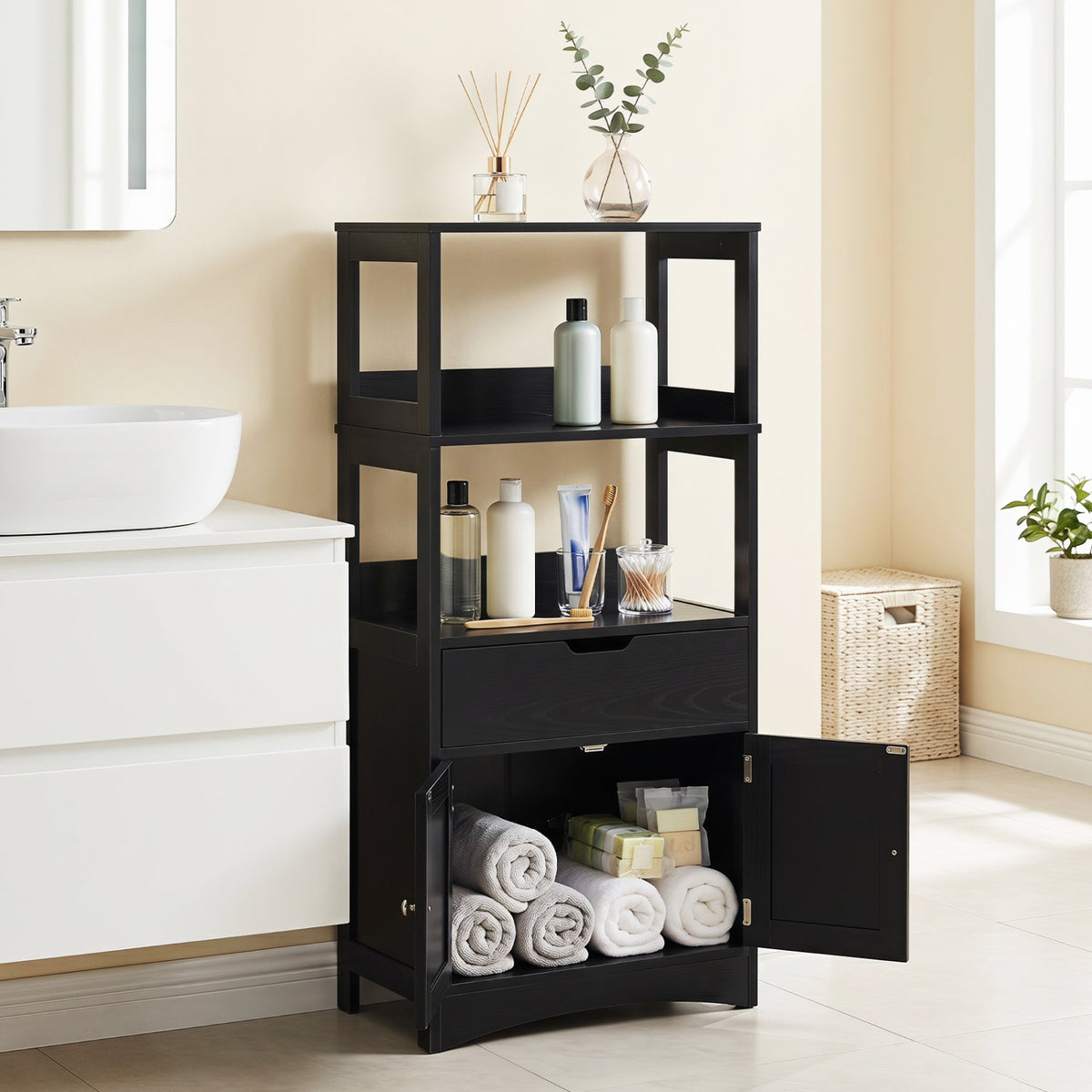 Bathroom Floor Cabinet with Open Shelves and Drawer DirectDeals