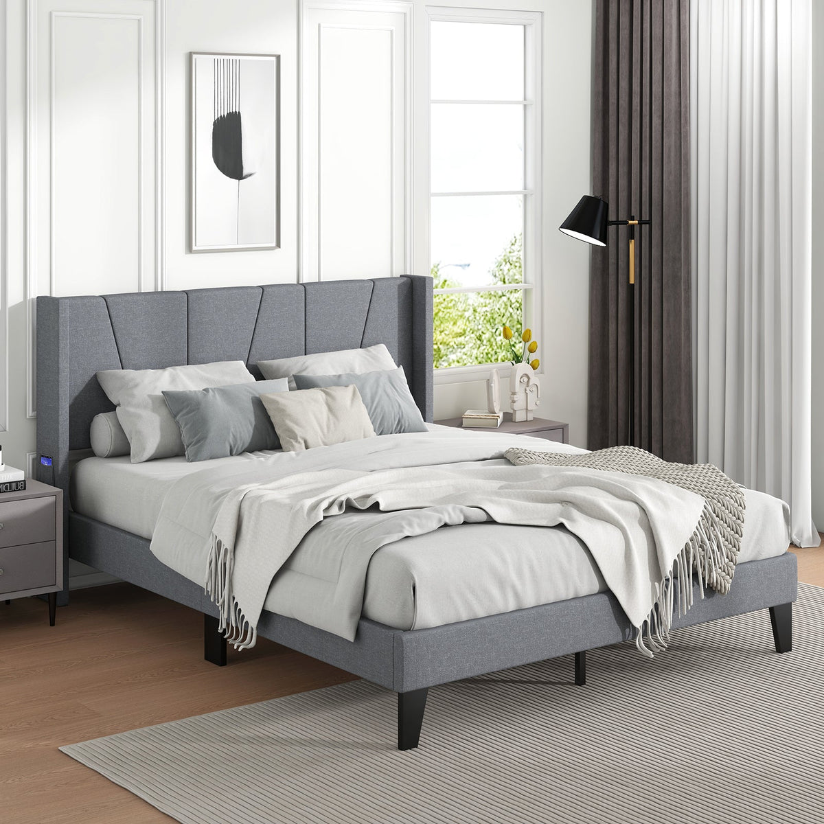 Full/Queen Size Bed Frame with Wingback Headboard and Wood Slat Support