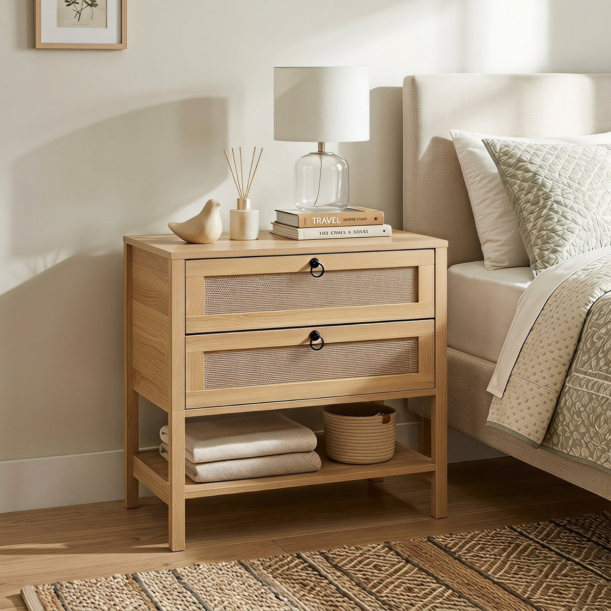 Rattan Nightstand with 2 Drawers and Open Shelf DirectDeals