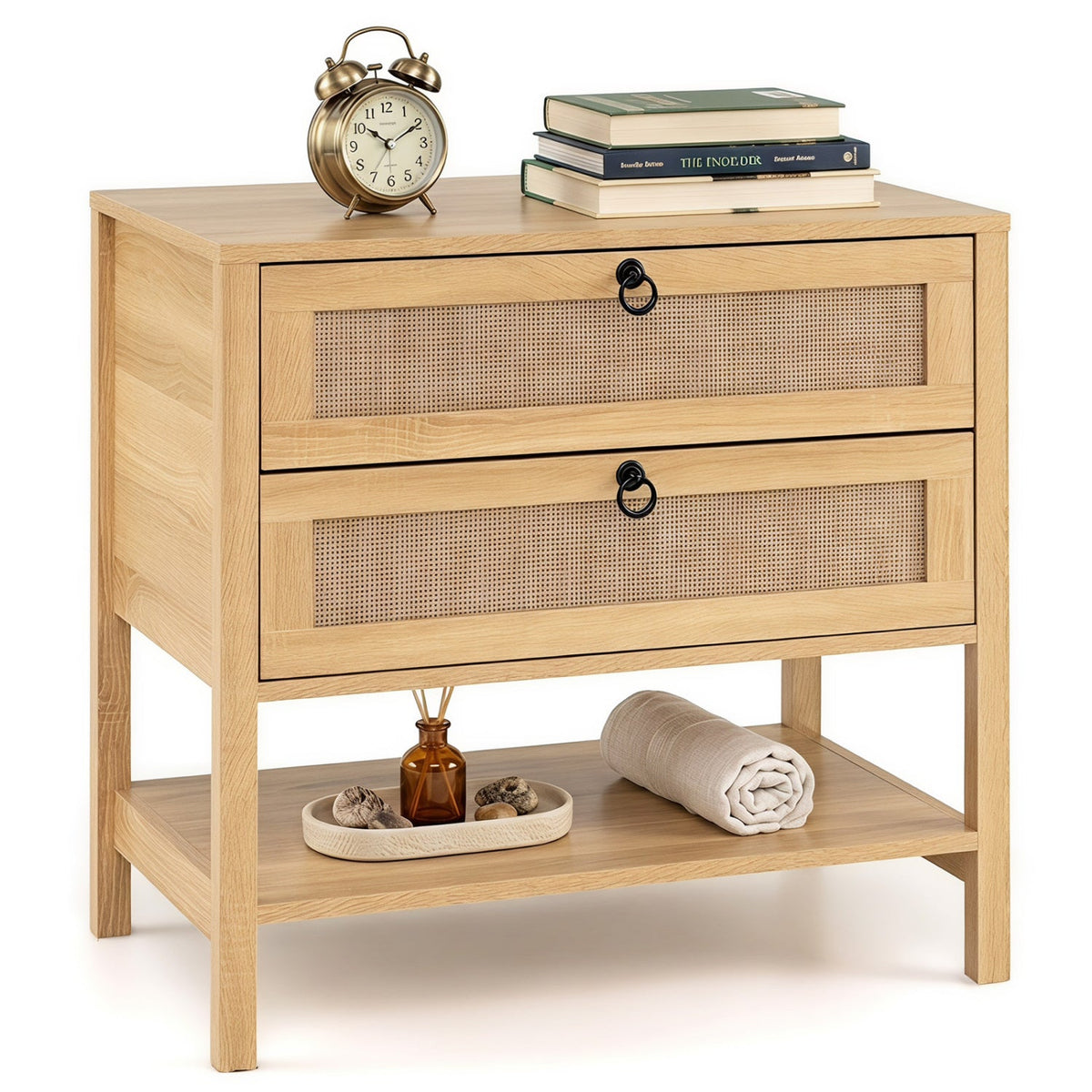 Rattan Nightstand with 2 Drawers and Open Shelf DirectDeals
