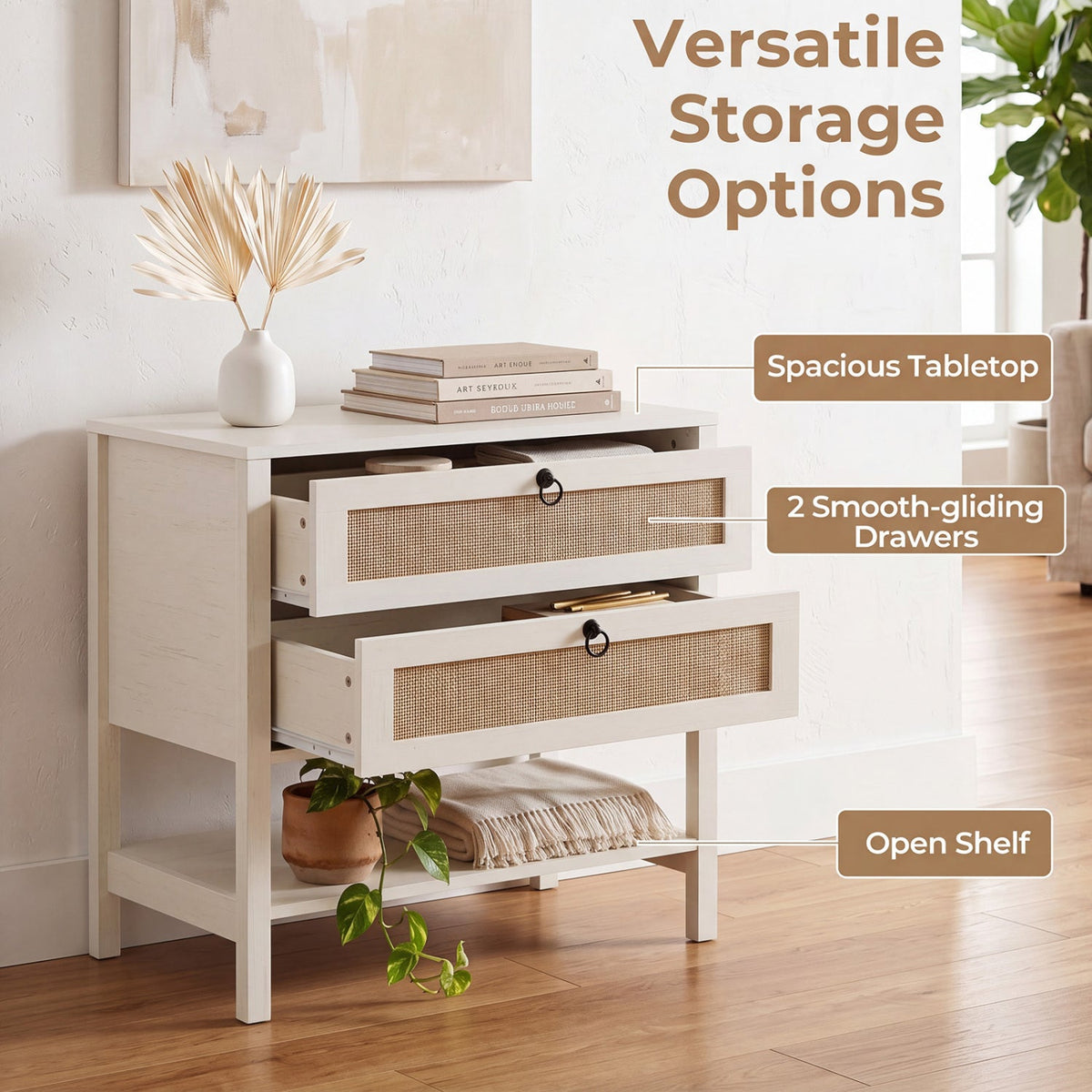 Rattan Nightstand with 2 Drawers and Open Shelf DirectDeals