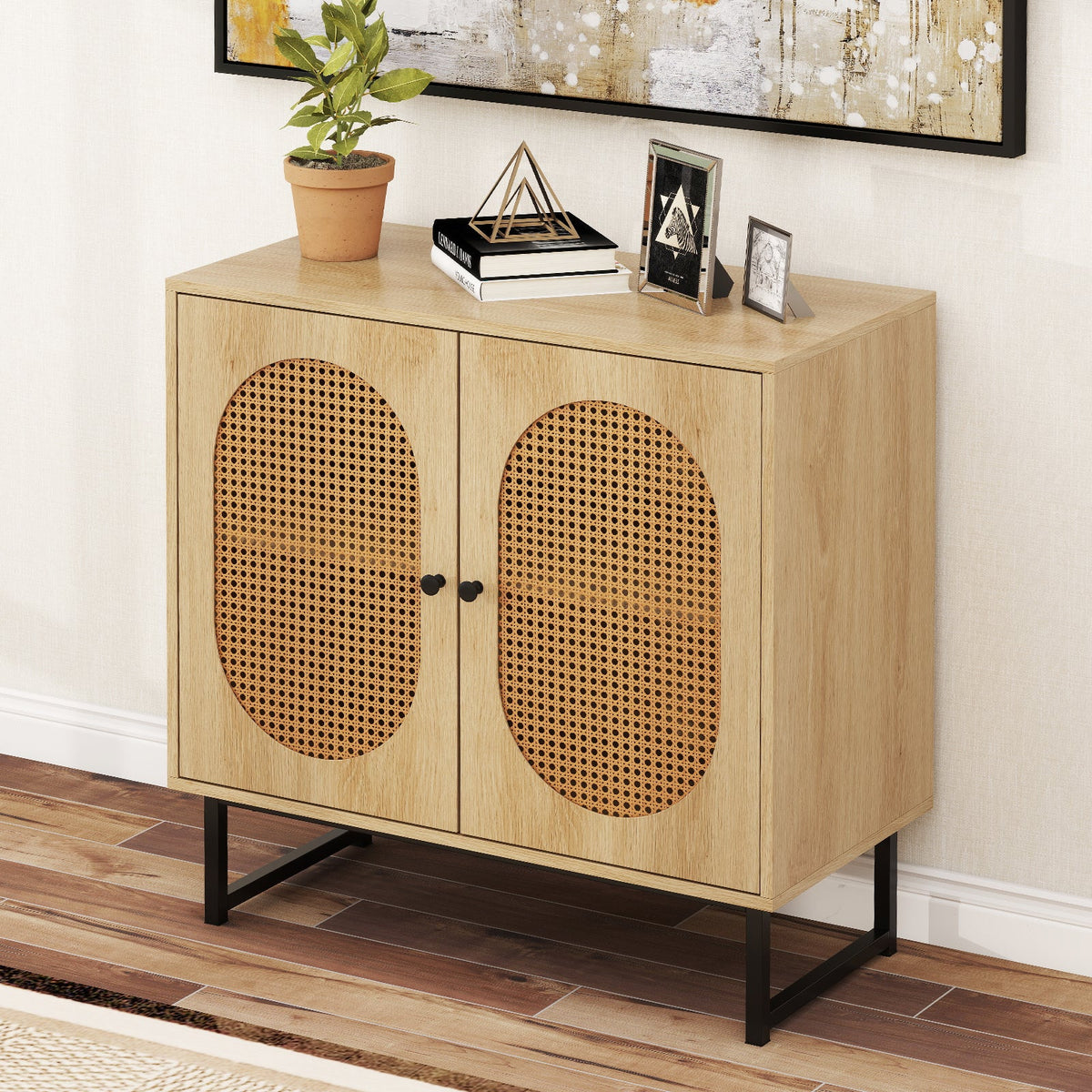 Buffet Cabinet Rattan Storage Cabinet with 2 Doors and Adjustable Shelf
