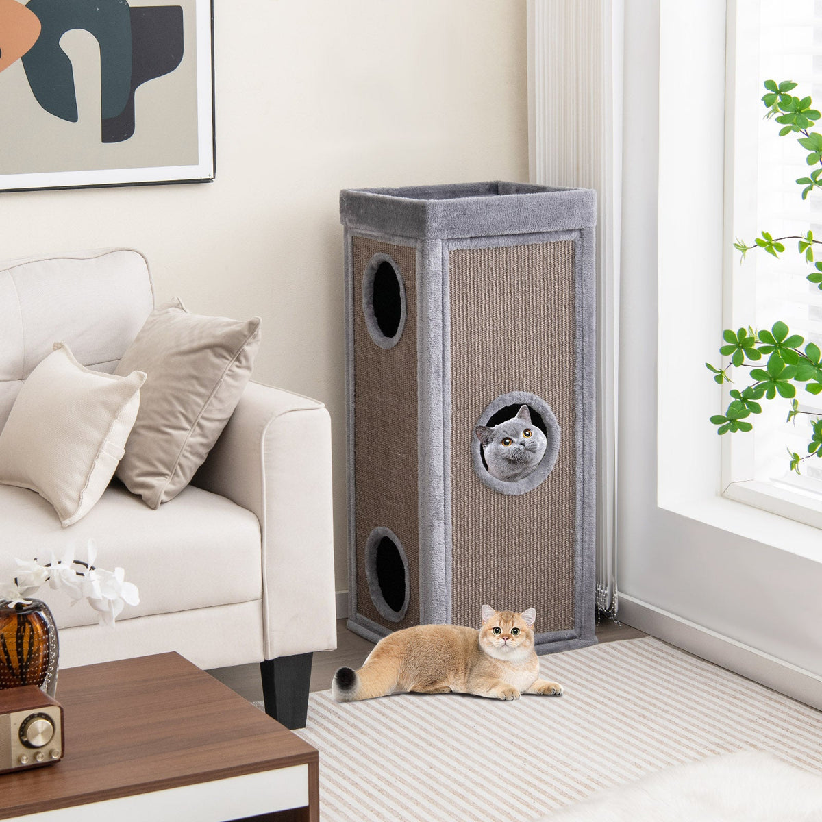 39 Inch Tall Cat Condo with Scratching Posts and 3 Hideaways and 4 Soft Plush Cushions