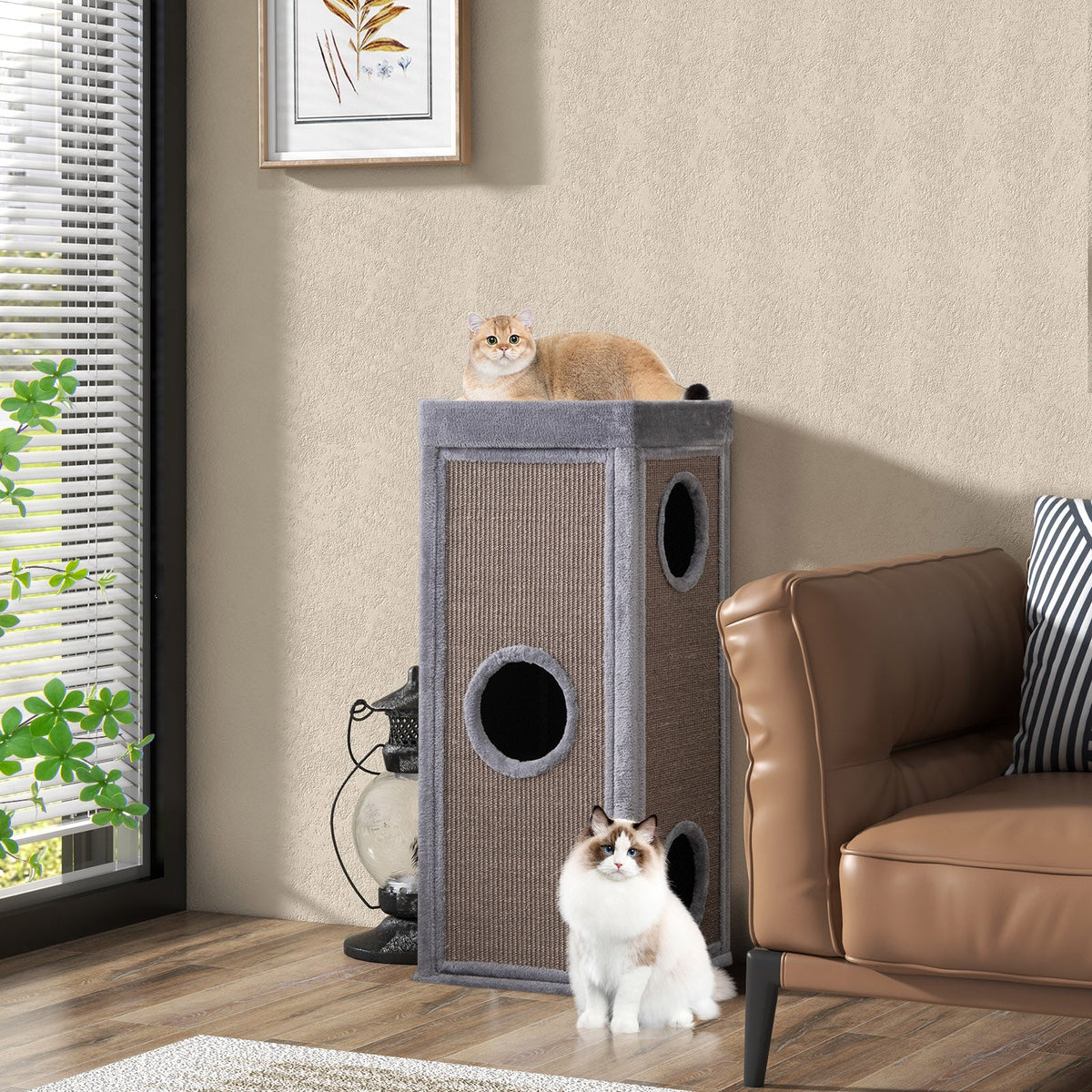 39 Inch Tall Cat Condo with Scratching Posts and 3 Hideaways and 4 Soft Plush Cushions