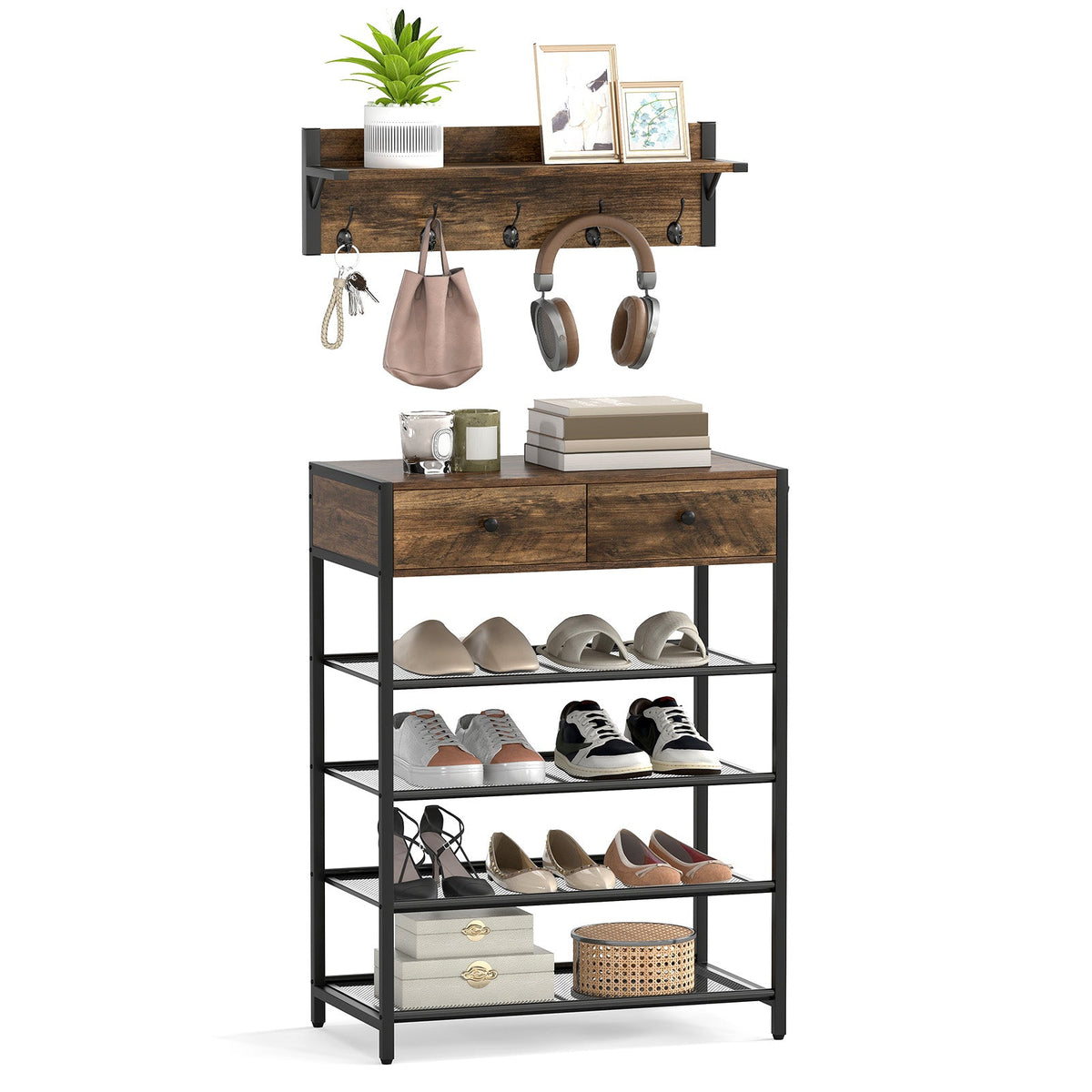 Coat Rack Shoe Stand Set 5-Tier Shoe Rack with Wall-Mounted Coat Hanger-Brown