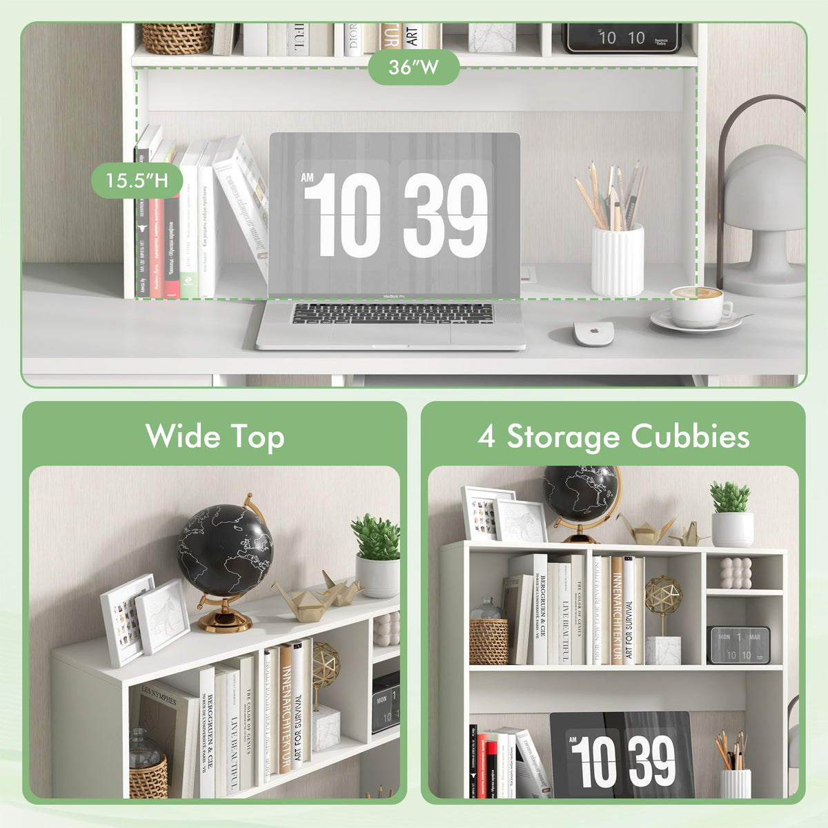 Computer Desktop Bookcase with 4 Cubbies and Open Back Compartment