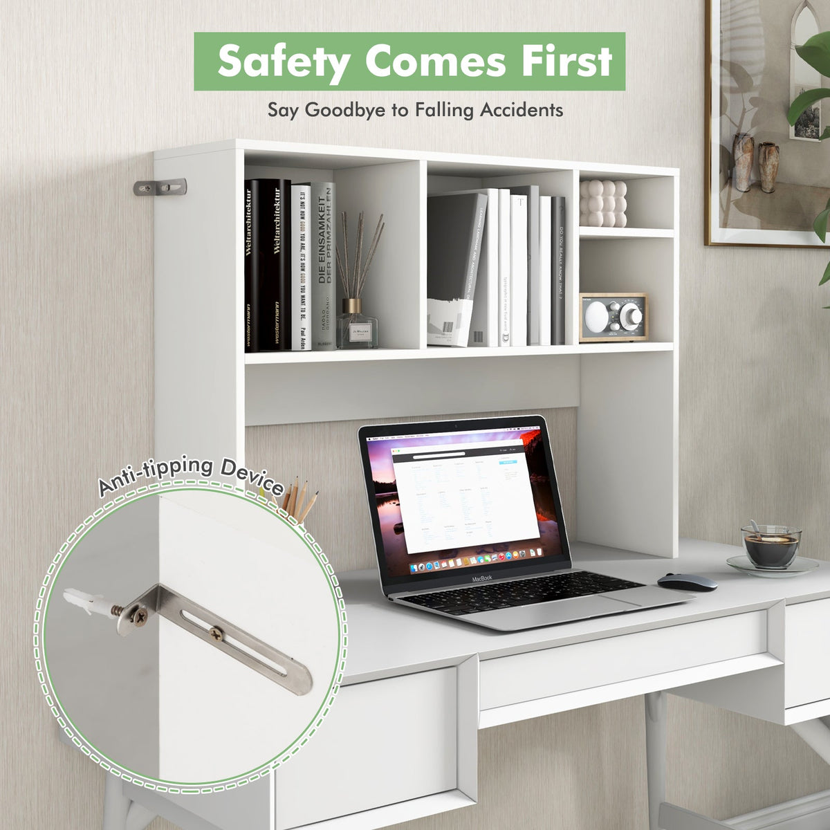 Computer Desktop Bookcase with 4 Cubbies and Open Back Compartment