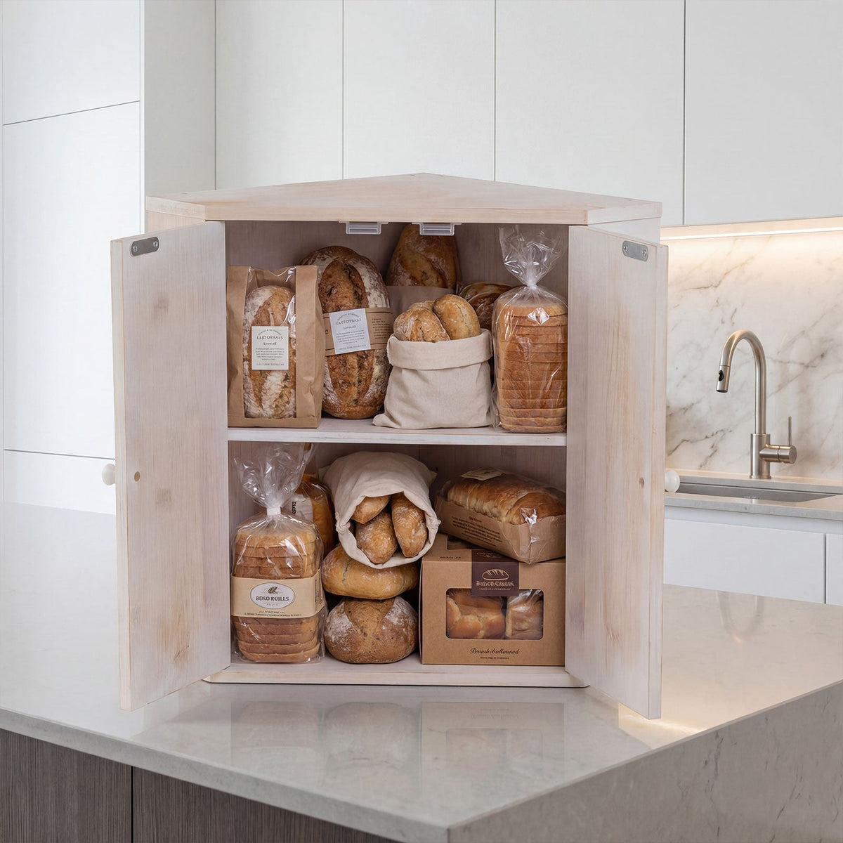 Corner Bread Box for Kitchen Counter Bamboo Double Layer Breadbox Organizer-White